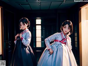 A couple of women standing next to each other in a room.