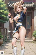 Hentai - Graceful Power in Indigo Attire Set.1 20250216 Part 4 A woman in a traditional-style outfit stands confidently outdoors near a building with a tiled roof.